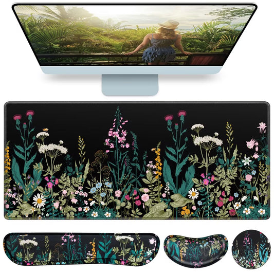 Desk Mat, Large Gaming Mouse Pad with Wrist Rest, 4in1 XXL Mousepad+Keyboard Wrist Rest+Mouse Pad Wrist Support+Cup Coaster Set Ergonomic Floral Computer Desk Arm Wrist for Decor Home Office Women