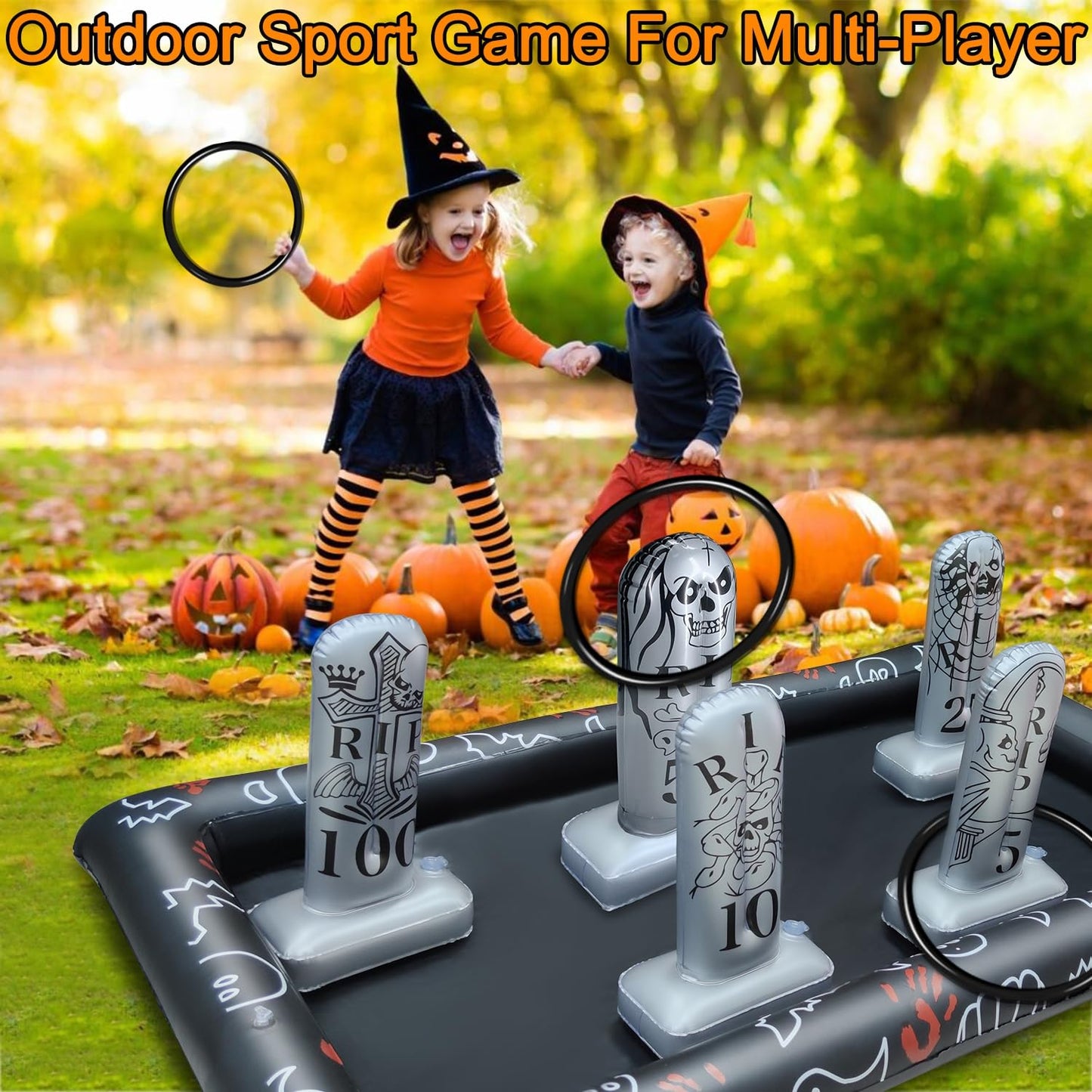 Giant Tombstone Ring Toss Games Halloween Party Game Favors for Kids Inflatable Gravestone Ring Toss Game Halloween Party Decor Outdoor Carnival Game Classroom Indoor Outdoor School Yard