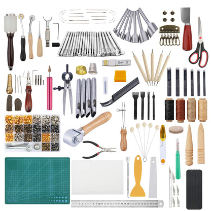 Dorhui Leather Craft Tools Kit, Leather Working Tools and Supplies Leather Craft Stamping Tool Waxed Thread Groover Awl Stitching Punch Hole for Leather Artworks