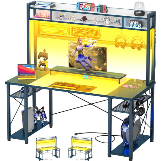 iSunirm 48 Gaming Desk with Hutch, Large Computer Desk with LED and Charging Station, Home Office Desk with Pegboard, Power Outlet, Storage and Monitor Stand, 48'' Gamer Desk PC Table, White