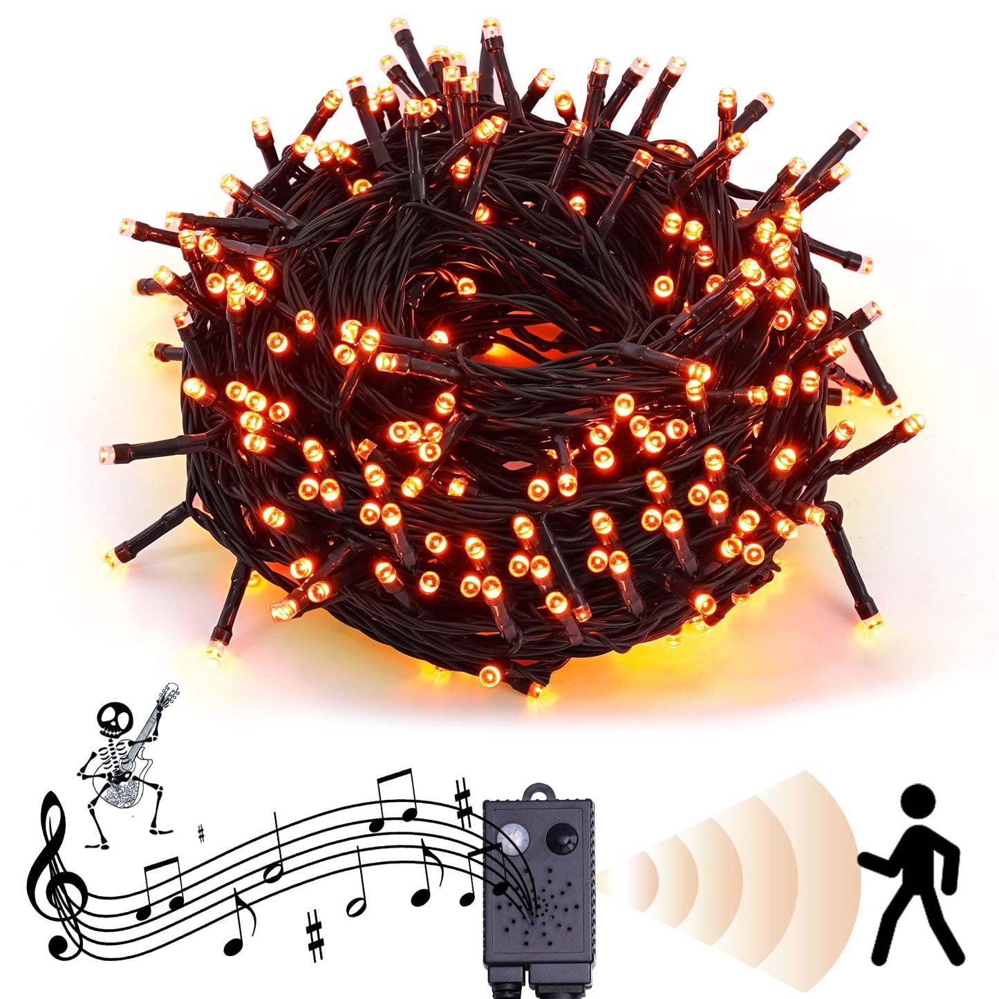 Halloween String Lights with Music Sync Spooky Sounds - 6 Lighting Modes, 300 LED Lights for Haunted Party Yard Room Decor (Orange)
