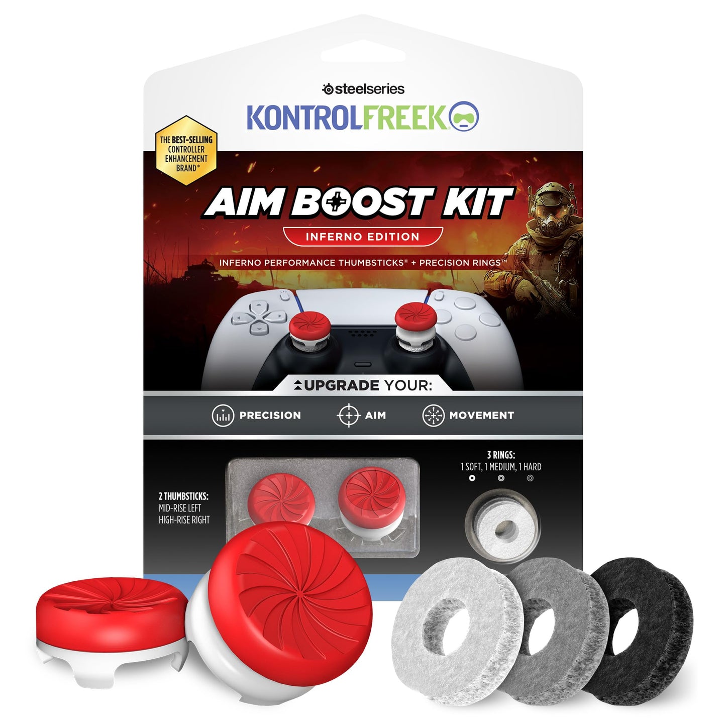 KontrolFreek Aim Boost Kit for PlayStation 5 (PS5) and PlayStation 4 (PS4) Controller | Includes Performance Thumbsticks and Precision Rings | Inferno Edition