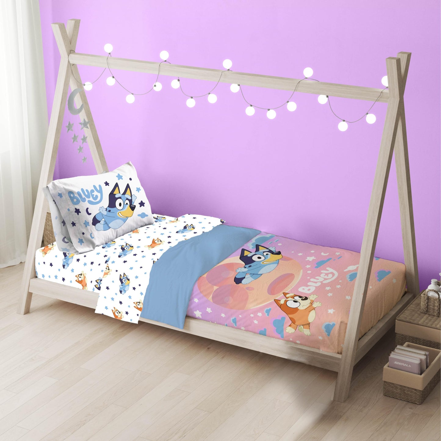 Jay Franco Bluey & Bingo Toddler Comforter Set - 4 Piece Bed Set Includes Sheet Set & Pillow Covers - Super Soft Clouds & Stars Kids Bedding