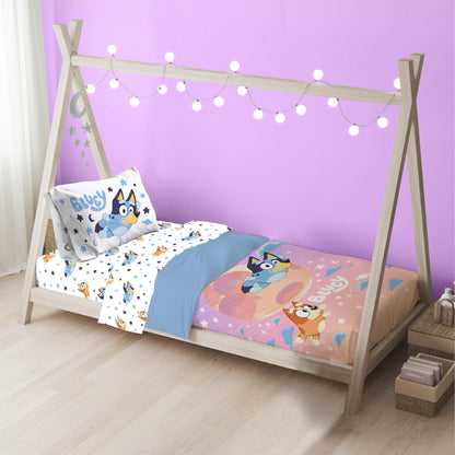 Jay Franco Bluey & Bingo Toddler Comforter Set - 4 Piece Bed Set Includes Sheet Set & Pillow Covers - Super Soft Clouds & Stars Kids Bedding