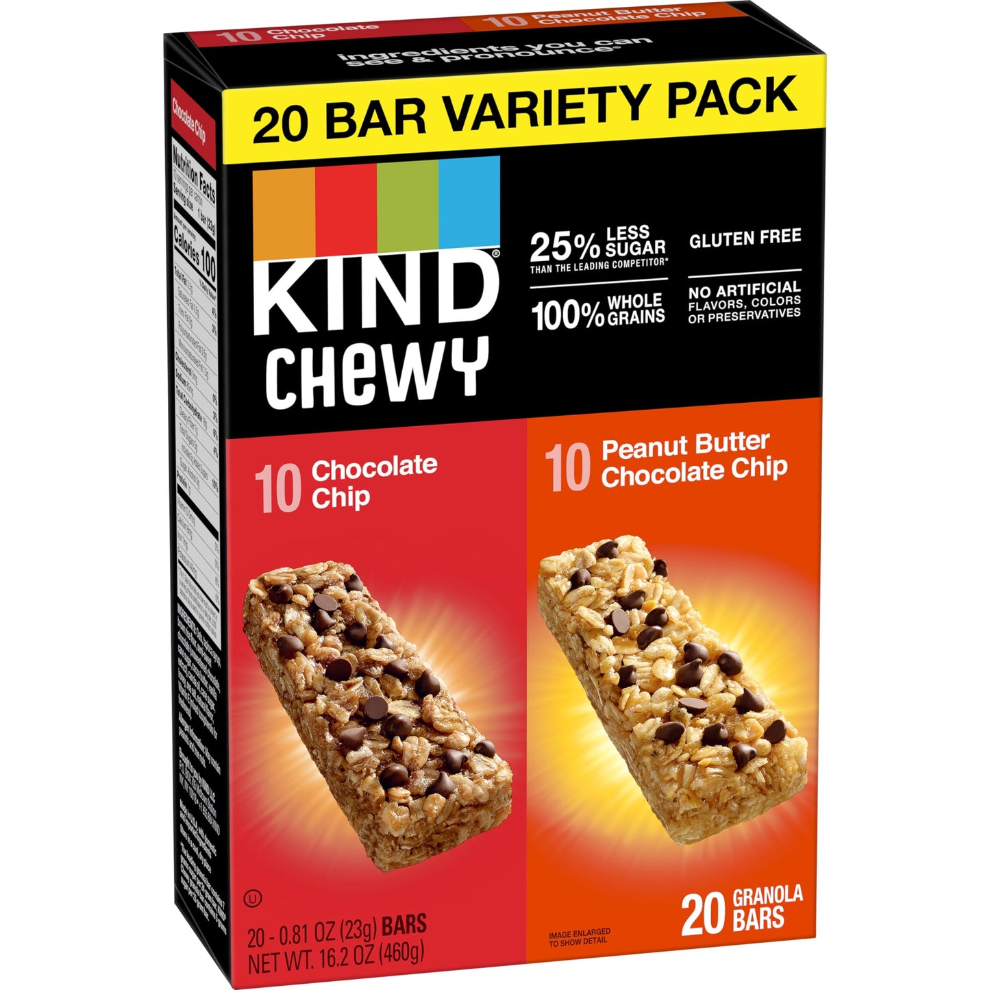 KIND Chewy Granola Bars, Variety Pack, Chocolate Chip and Peanut Butter Chocolate Chip, Gluten Free, 100 Calories, Whole Grains and Oats, 20 Count