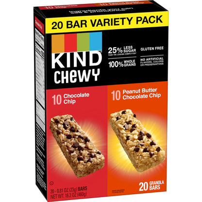 KIND Chewy Granola Bars, Variety Pack, Chocolate Chip and Peanut Butter Chocolate Chip, Gluten Free, 100 Calories, Whole Grains and Oats, 20 Count