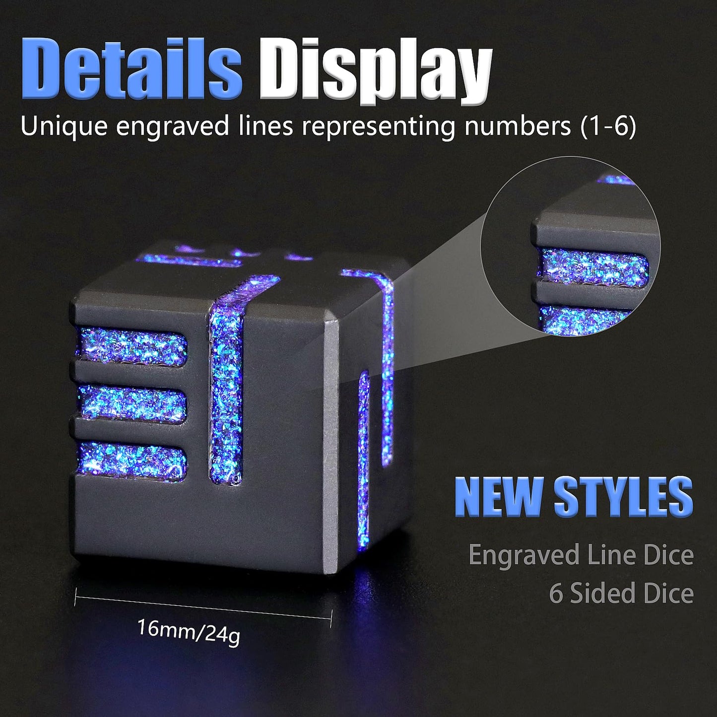 D6 Metal Dice, 16mm 6 Sided Dice Set, ZHOORQI 6Pcs/Set Tech-Themed New Concept Glittery Lines D6 Dice for DND, Tabletop RPGs Gifts（D6-Glitter Blue）