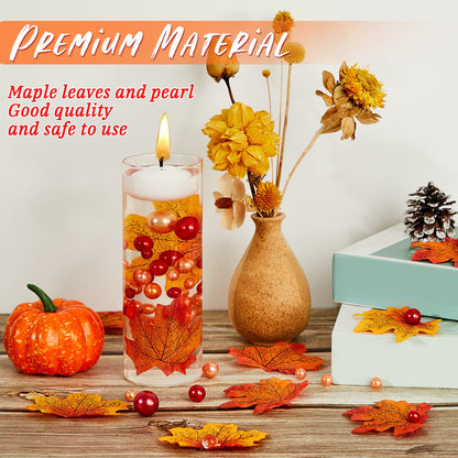 Jetec 116 Pcs Thanksgiving Vase Fillers Faux Pearl for Vase Filler Floating Candle Centerpieces Fall Pearl for Thanksgiving Home Table Party Decoration, Not Included Clear Beads(Maple Leaves Style)