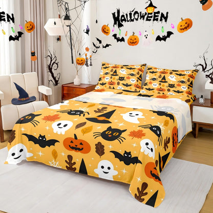 Erosebridal Halloween Bed Sheet Set Full Cartoon Pumpkin Fitted Sheet Lantern Bedding Set Ghost Quilt Set for Kids Boys Girls 4 Pcs Bed Cover (1 Fitted Sheet,1 Flat Sheet,2 Pillowcases) Orange