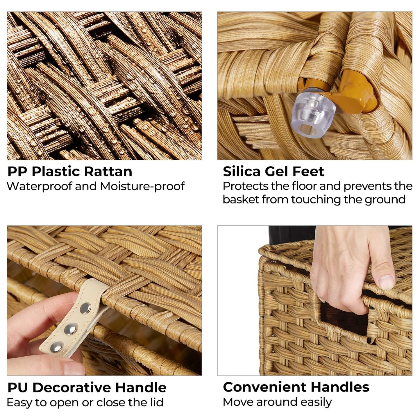 GREENSTELL Laundry Hamper with Lid, 60L Clothes Hamper with 2 Removable Liner Bags & 2 Mesh Laundry Bags, Handwoven Synthetic Rattan Laundry Basket for Clothes, Toys in Bathroom, Bedroom Natural