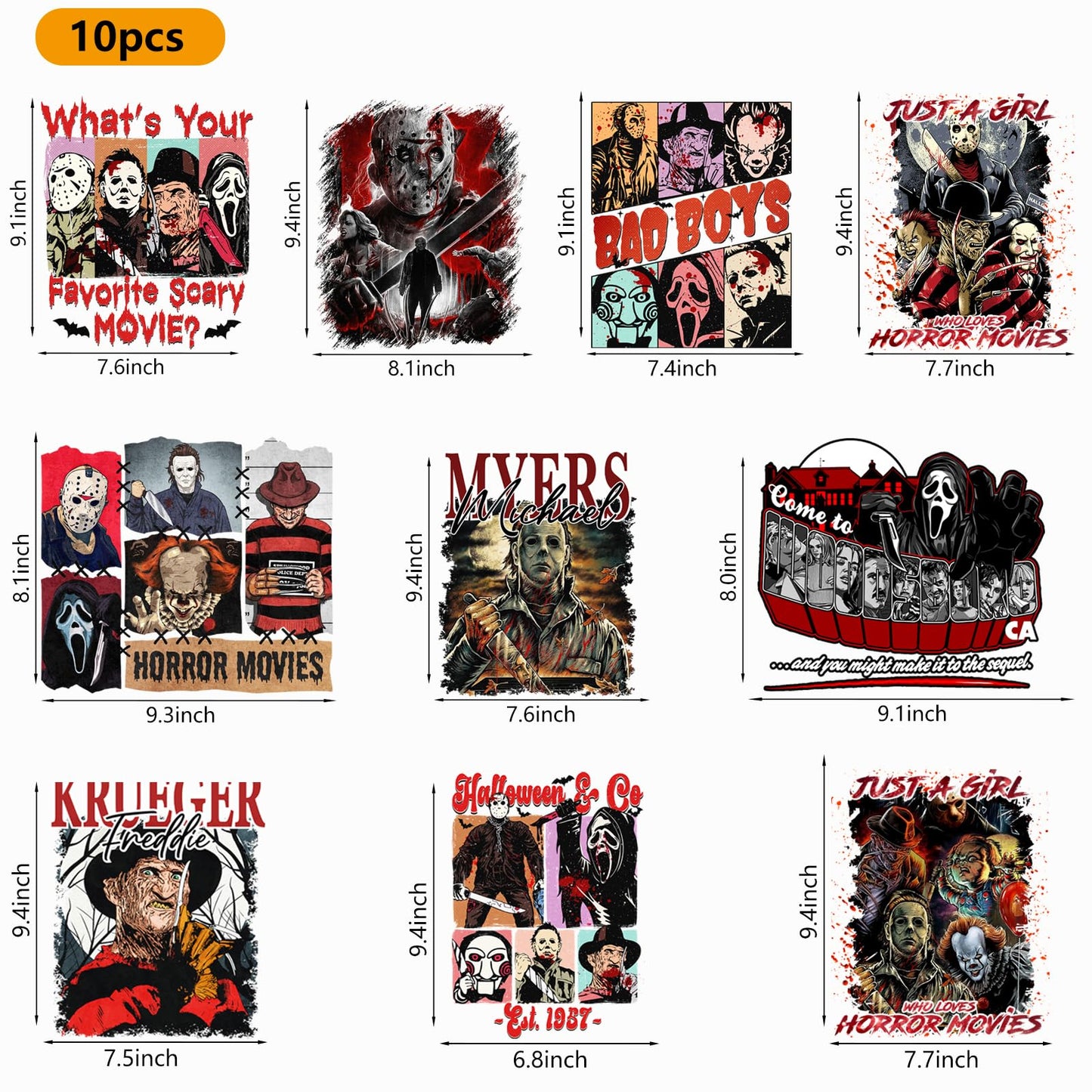 10 Sheets Halloween Iron on Patches Stickers, Halloween Iron on Transfers for T-Shirts, Horror Movie Characters,Halloween Heat Transfer Vinyl Iron on Decals for Bags Clothes