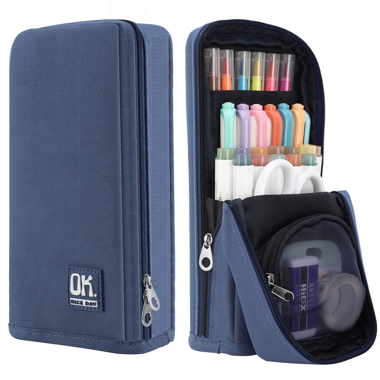 Housolution Standing Pencil Case Large Capacity Pen Bag, Multi-Layer Pen Pouch Pencil Holder Stationery Organizer, Polyester Pencil Bag Storage Box Desk Organizer, Blue