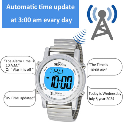 FIVE SENSES Atomic! Talking Watch - Sets Itself Senses Metal Easy-to-Read Talking Watch (Silver)