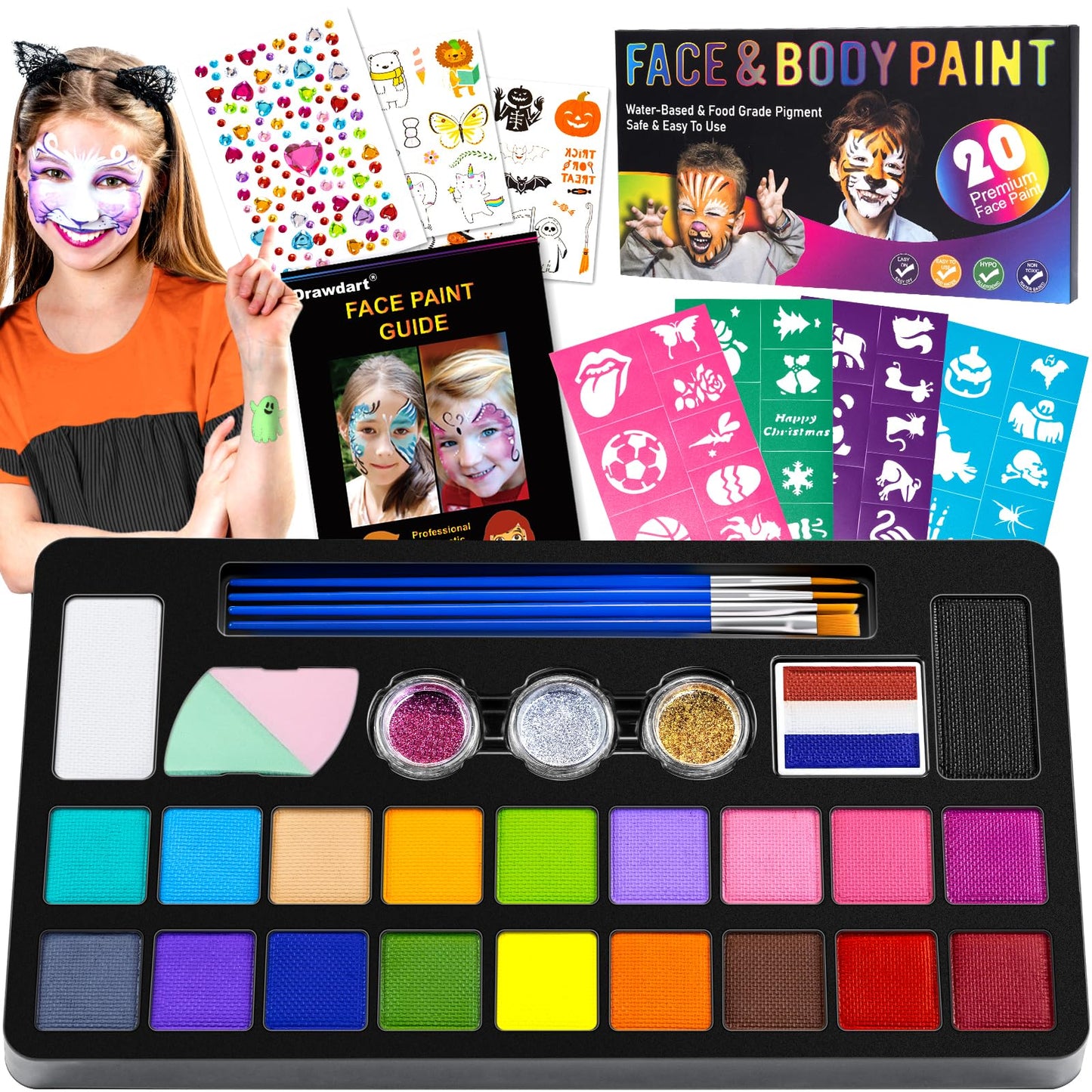 Drawdart Face Painting Kit for Kids - 20 Colors Water Based Non-Toxic Paint With Stencils & Brushes - Professional Body Makeup Kit for Parties, Birthdays, Halloween