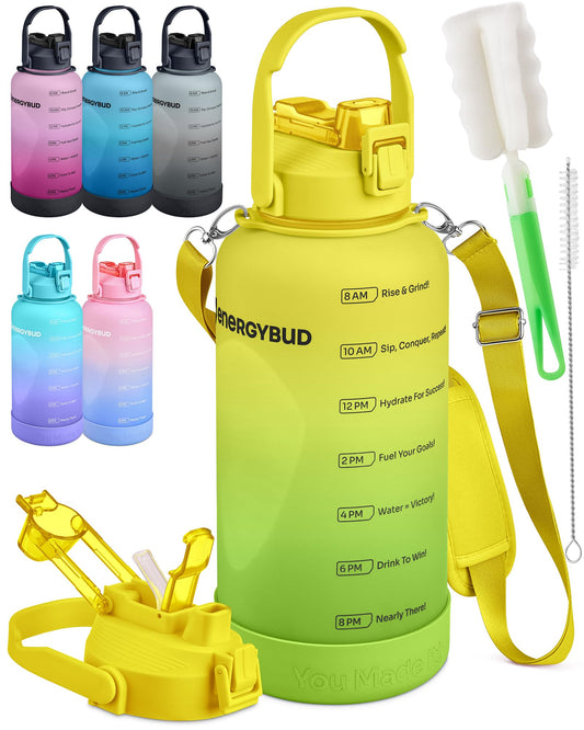 EnergyBud 1 Gallon Water Bottle Removable Straw And Handle Dishwasher-Safe BPS & BPA & DEHP Free +2 Brushes Big/Large Bottle With Time Markers Wide Mouth Leakproof 128 oz Jug (Yellow & Green)