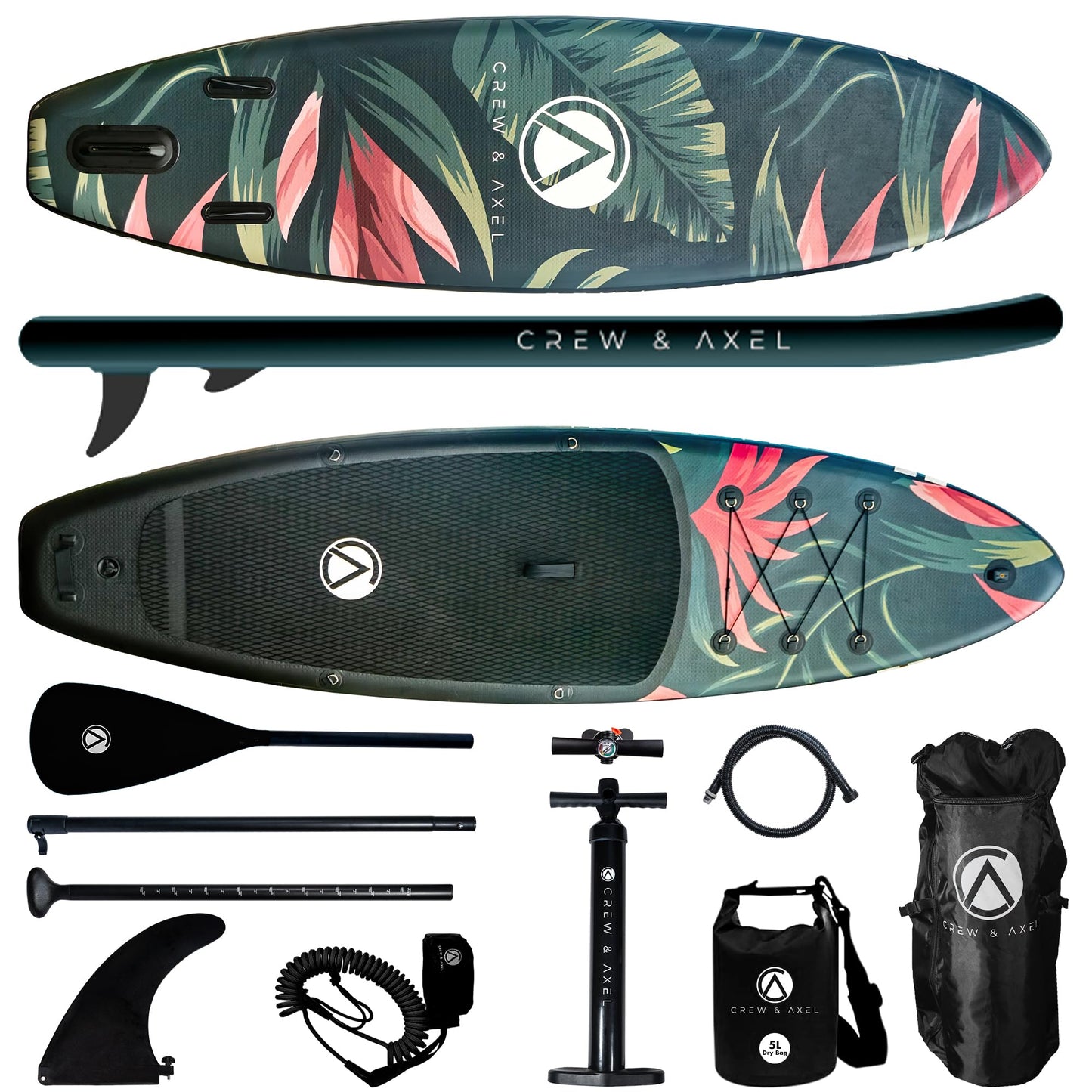 Crew Axel Inflatable Paddle Board 10’33’6” Extra Wide & Lightweight (18lb) Paddle Board – Premium SUP Set Includes 2 Bags, Floating Paddle, Camera Mount, 3 Fins, Dual Pump Kit (Floral 911)