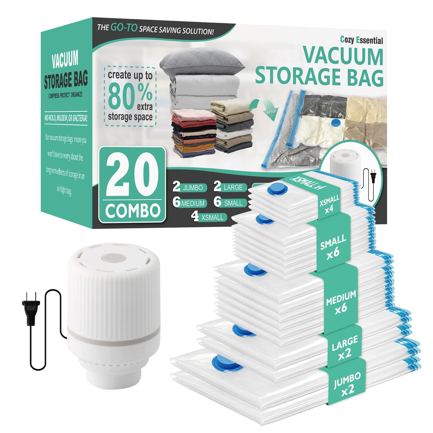 Cozy Essential 20 Pack Vacuum Storage Bags with Electric Pump, Vacuum Seal Space Saver Bags for Clothing, Pillows, Blanket, Bedding, Comforters