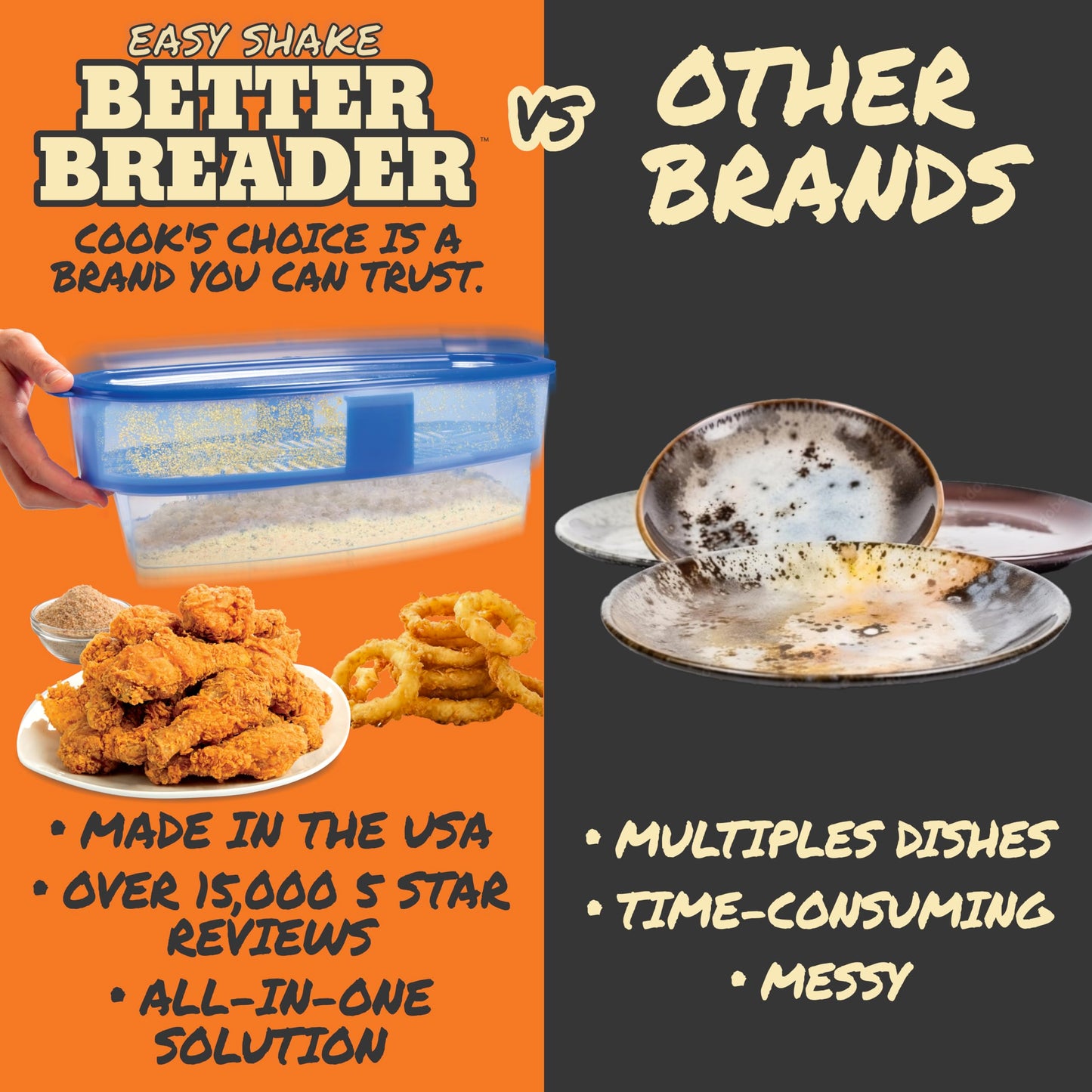 Cook's Choice XL Original Better Breader Batter Bowl- All-in-One Mess Free Breading Station Tool- Great for Parties - Pour in Seasoning, Add Meat or Vegetables of Choice, & Just Shake- Made in the USA