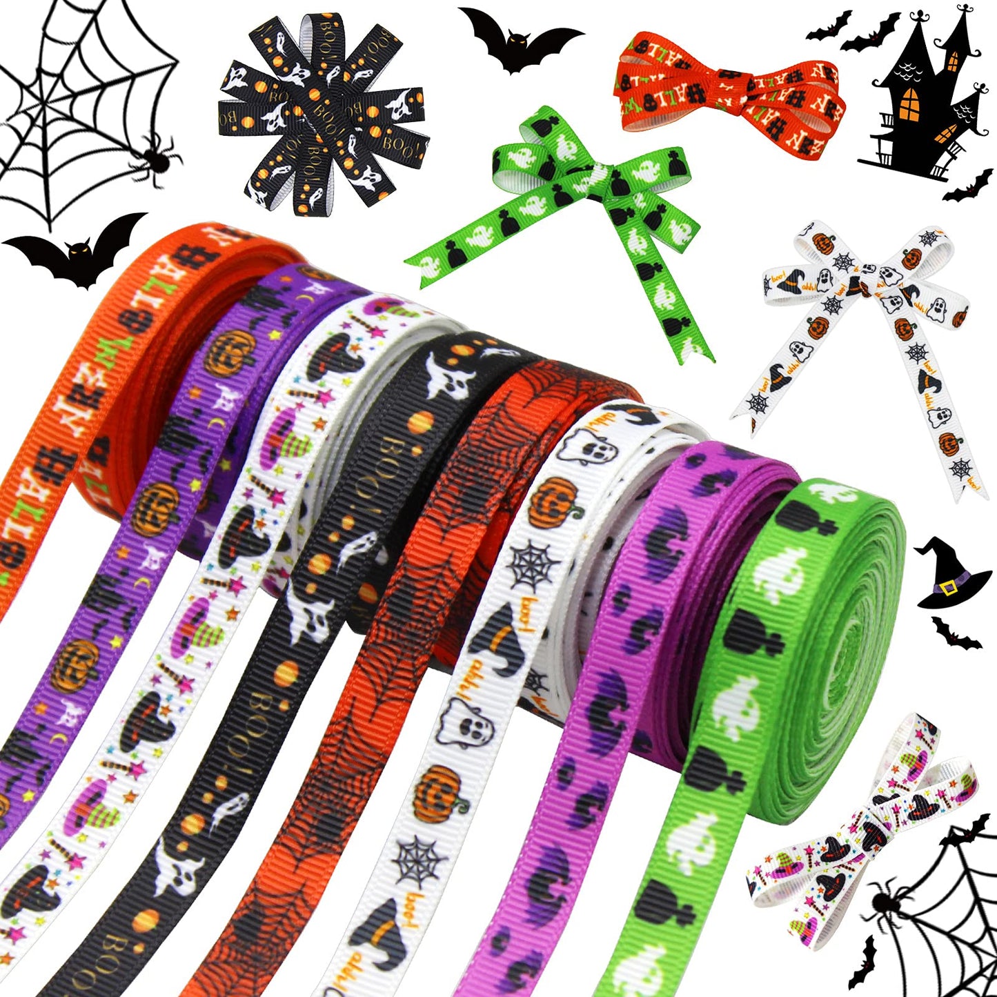 40 Yards 8 Rolls Halloween Ribbon for Crafts, Gift Wrapping and Halloween DIY Supplies Decor - 10mm