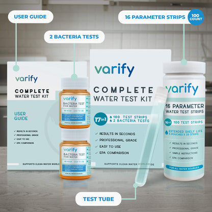 Varify 17in1 Complete Drinking Water Test Kit - 100 Strips + 2 Bacteria Tester Kits - Well, Tap, Home, City Water Testing Strip for Lead, Alkaline, Chlorine, Hardness, Iron, Fluoride, Copper & More