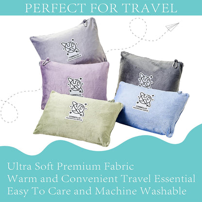 Commollis 2-in-1 Travel Blanket & Pillow for Airplane, Car, Train - Warm Compact Flight Blanket with Luggage Strap & Backpack Clip, Machine Washable, All-Season Use