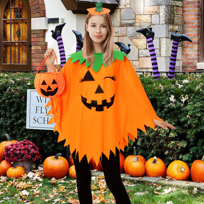 KOFECIT 3 PCS Halloween Pumpkin Poncho for Women,Pumpkin Cape Costume with Headband and Candy Bag,Halloween Costume for Women Adults