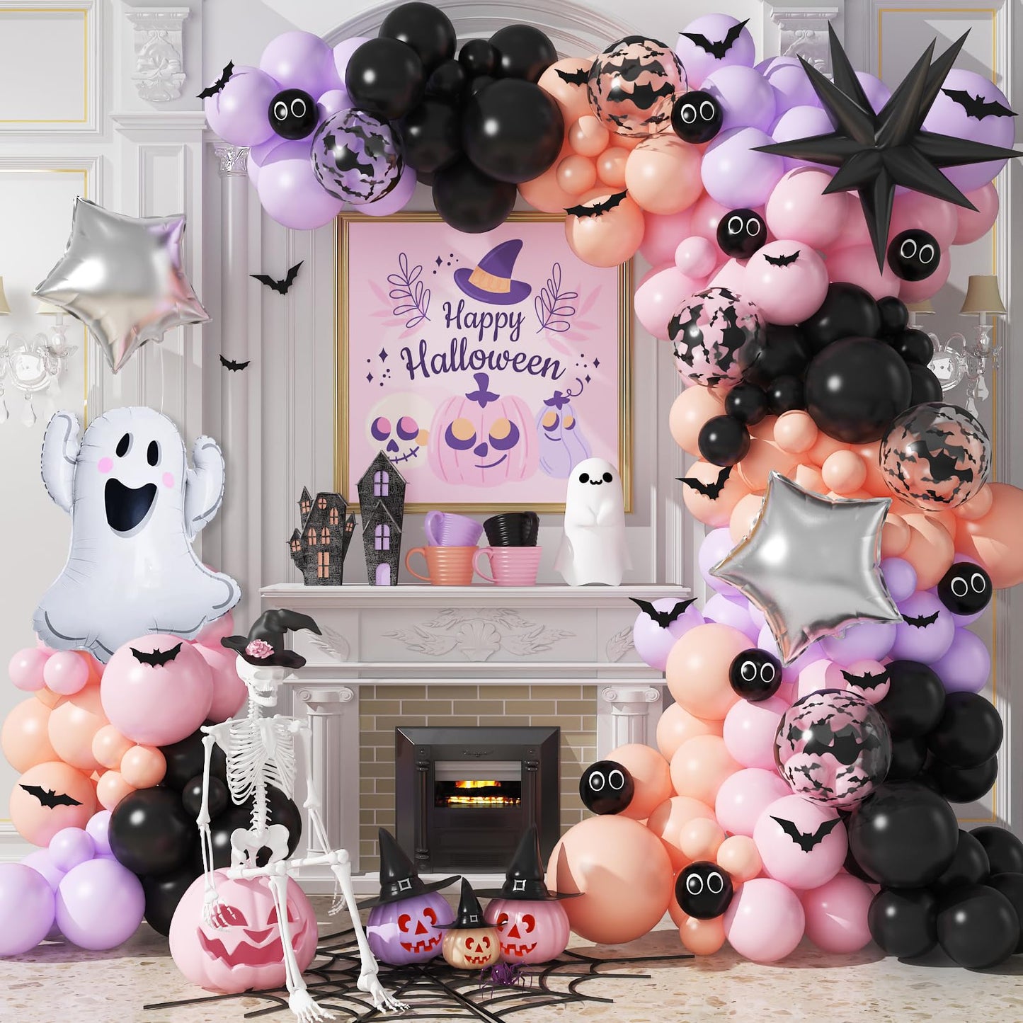 Jobkoo Halloween Balloon Garland Arch Kit, Black Purple Pink Halloween Baby Shower Latex Balloons with 3D Bat Ghost Witch Mylar Foil Balloons Set for Happy Halloween Birthday Decoration Indoor Outdoor