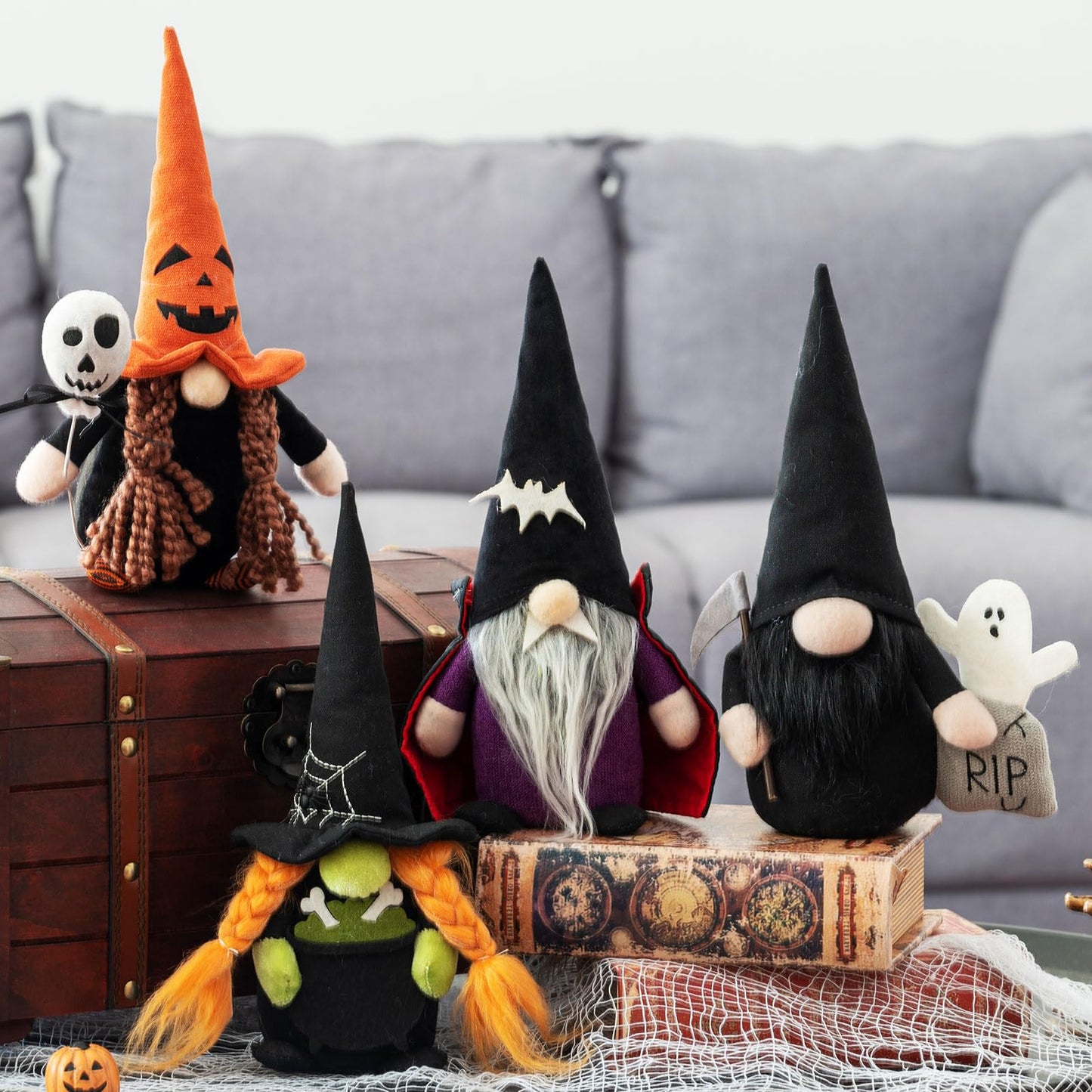DraMosary Halloween Gnomes Plush Elf Decoration, 4PCS Handmade Reaper Witch Vampire Pumpkin Ghost Dolls for Halloween Table Ornament, Tiered Tray Decor, Party Favor, Trick or Treat