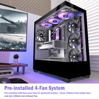 KEDIERS PC CASE ATX 4 Fans Pre-Installed, Type-C Mid Tower Computer Case with Full-View Dual Tempered Glass, Gaming PC Case,Black,P4