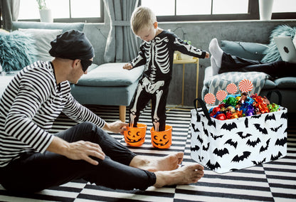 KUNRO Bat Pattern Halloween Storage Gift Basket Canvas Storage Bins with Handles Rectangle Storage Cubes Organizer for Bedroom Living Room