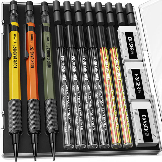 Four Candies 1.3mm Mechanical Pencil Set with 72 Lead Refills, 3PCS Metal Weatherproof Body Heavy Duty Carpenter Pencil, 3 Eraser, 16 Eraser Refills, for Outdoor Woodworking Drafting Marking with Case