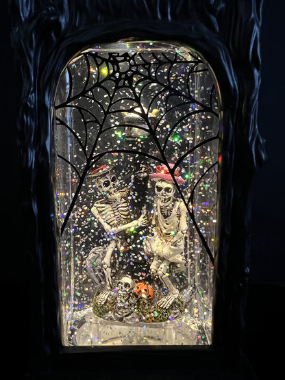 GenSwin Halloween Skeleton Snow Globe Lantern Ghost Projection Lamp with 6 Hour Timer, Battery Operated & USB Powered LED Spinning Water Glittering Globe Halloween Decoration Parties(11”, 3AA)