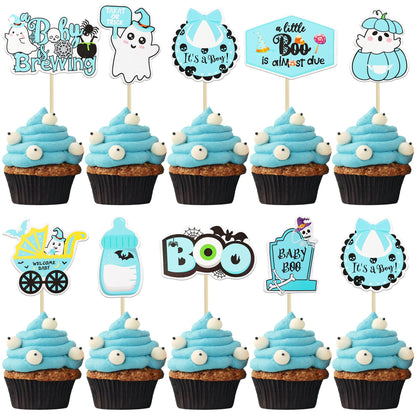 Gyufise 36Pcs Baby Shower Halloween Cupcake Toppers Ghost Bat A Baby is Brewing Cupcake Picks Baby Boo It's a Girl Cake Decorations for Halloween Theme Baby Shower Girls Birthday Party Supplies Blue