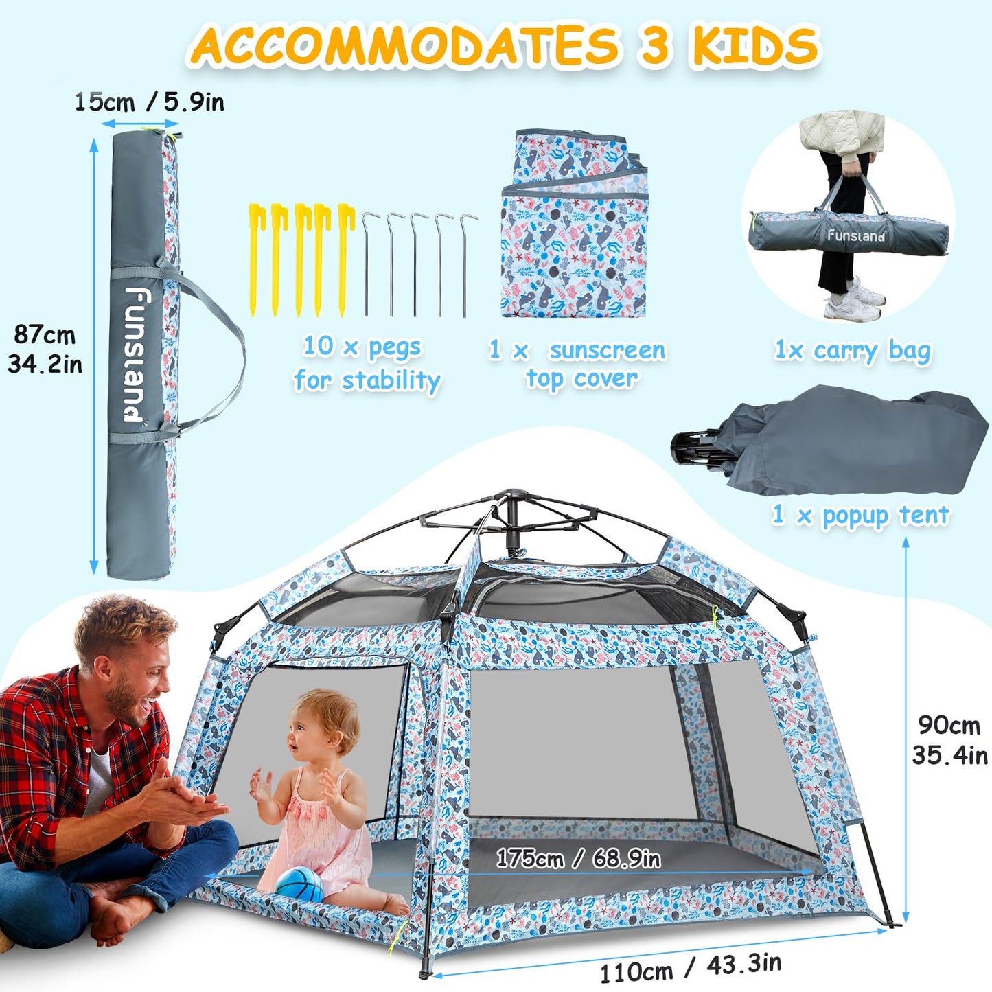 Funsland Baby Playpen Pop-up Tent - Outdoor & Indoor Play Tent for Beach with Canopy Travel Bag Portable Play Yard for Babies & Toddlers (Ocean)