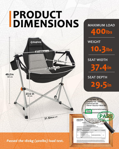 KingCamp Hammock Chair with Footrest, Swinging Portable Folding Camping Chairs for Adults MAX 400lbs Heavy Duty Foldable Oversized Rocker with Cup Holder Pillow for Outdoor Beach Patio Sport Lawn