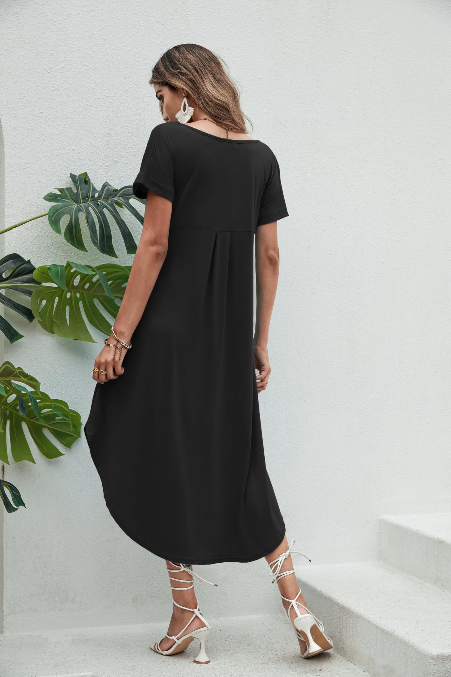 Ekouaer Nightgowns for Women V Neck Nightshirts Short Sleeve Soft Sleepwear Side Split Pockets Long Nightdress Black