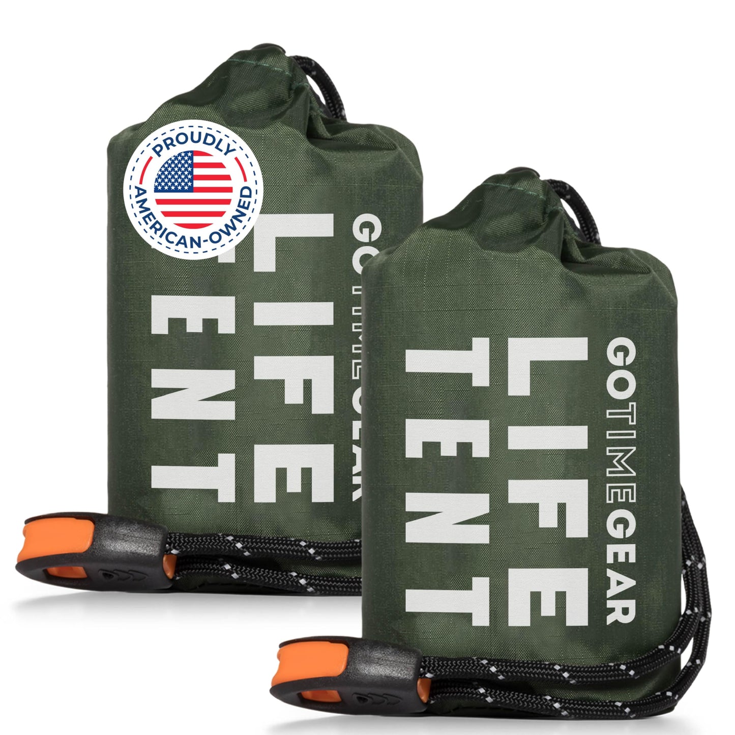 Go Time Gear Emergency Tube Tent Life Tent 2-Person Mylar - Green 2-Pack - Reflects Body Heat & Waterproof Emergency Shelter - Includes Whistle & 550lb Paracord - Survival & Camping Gear