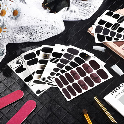 140 Pcs 10 Sheets Black Full Wrap Nail Stickers Polish Strips Gradient Stickers Glitter Self Adhesive DIY Art Decals Strips with 2 Pcs Nail Files for Halloween Decor (Retro Style)