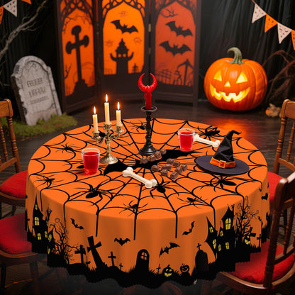 Eikione Round Halloween 60In Tablecloth, Haunted House Decorative Table Cloth, Waterproof and Washable Fabric Table Cover for Party Kitchen Dining Room