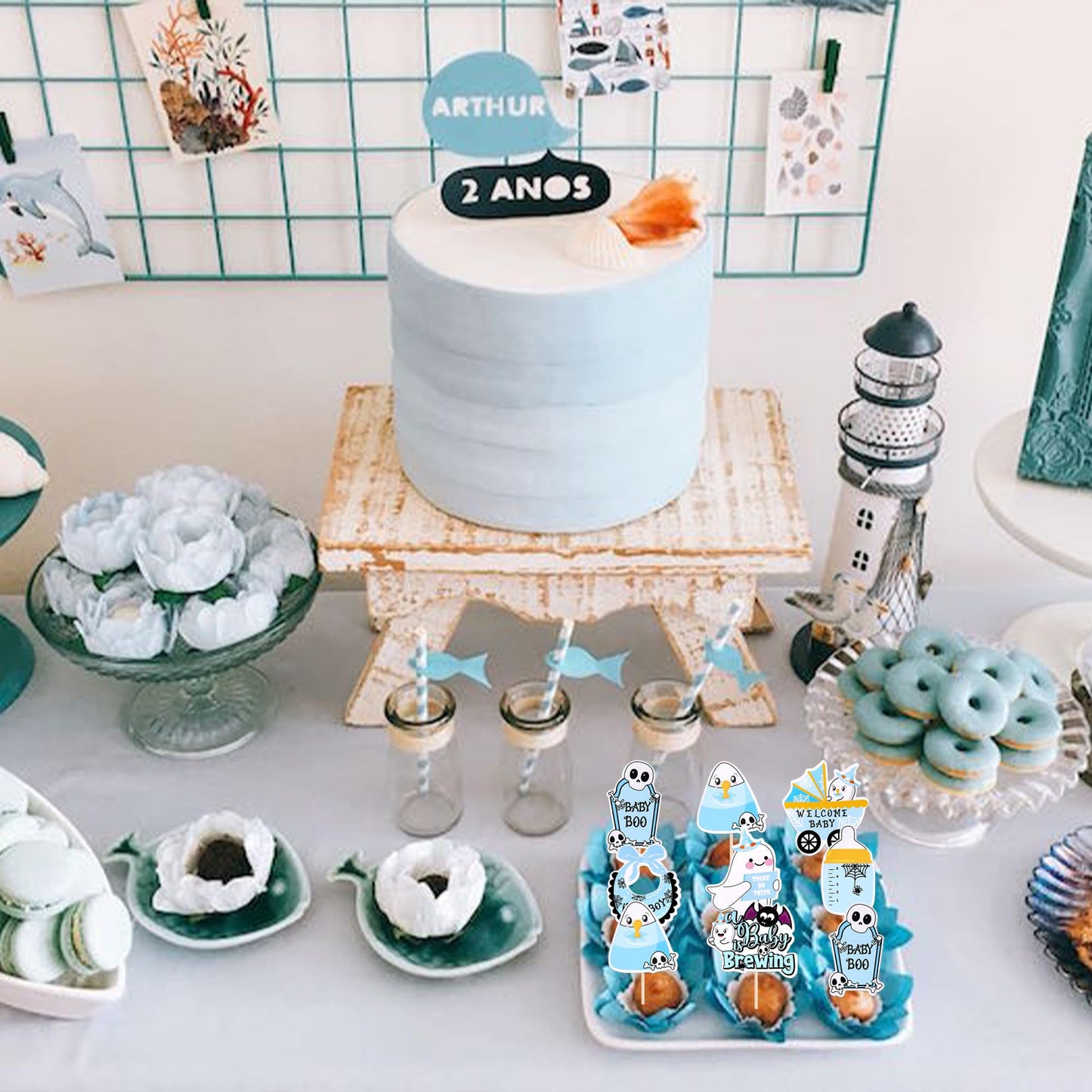 32 PCS Halloween Baby Shower Cupcake Toppers Ghost Bat Welcome Baby Boo Cupcake Picks Baby Carriage Bottle It's a Boy Cake Decorations for Halloween Theme Baby Shower Boys Birthday Party Supplies