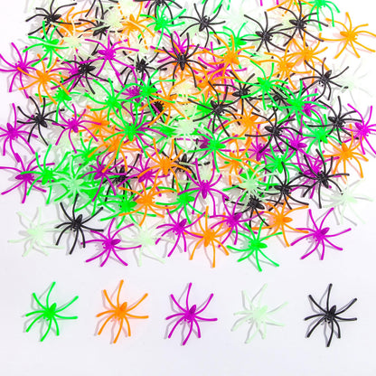 150PCS Plastic Spiders Halloween Small Plastic Spiders Fake Spiders Realistic Spider Toys Prank Props for Home and Party Decor, 2 x 1.8 Inches, Black, Green, Orange, Purple, Glow in The Dark Spiders