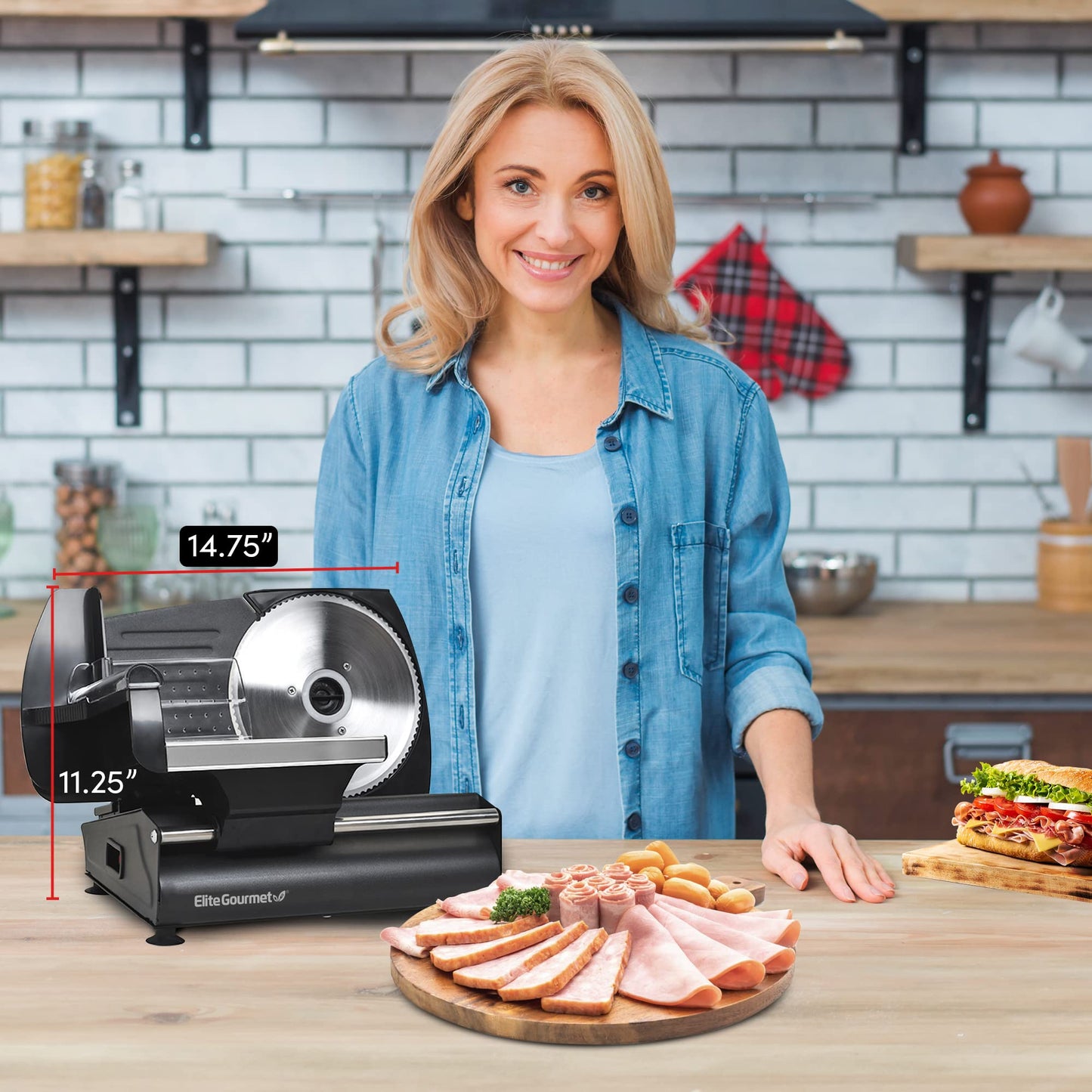 Elite Gourmet EMT-625B Ultimate Precision Electric Deli Food Meat Slicer Removable Stainless Steel Blade, Adjustable Thickness, Ideal for Cold Cuts, Hard Cheese, Vegetables & Bread, 7.5”, Black