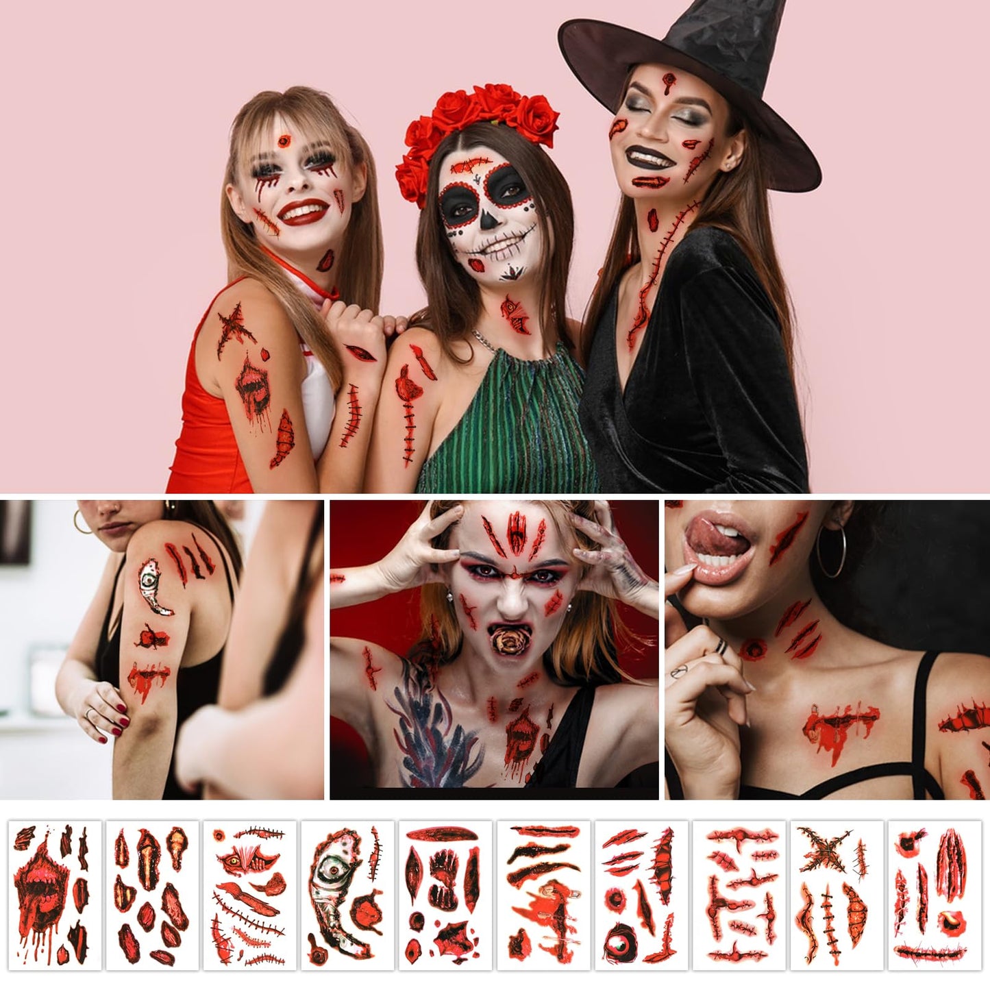 Halloween Decorations 165 PCS, 8 Sheets Bloody Handprint Footprint Halloween Wall Decal Floor Window Stickers,10 Sheets Wound Tattoo Stickers, Scary Party Decorations Window Stickers