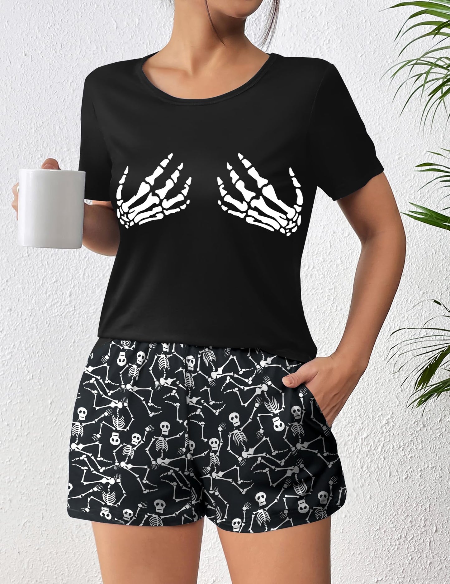 Ekouaer Women's Pajama Sets Short Sleeve Pjs 2 Piece Top and Shorts Sleepwear Comfy Soft Lounge Sets with Pockets Halloween Skeleton Print Large