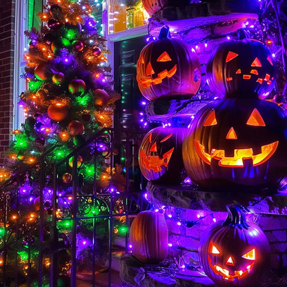 Dazzle Bright 200 LED Halloween Mini String Lights, 65 FT Connectable Waterproof 8 Modes Fairy Lights for Indoor Outdoor Patio Garden Holiday Party Decorations (Purple & Orange & Green)