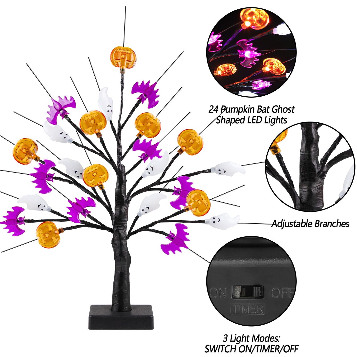 18 Inch Black Halloween Tree Light with 24 LED Pumpkin Bat Ghost Lights, Timer/USB/Battery Operated Halloween Lights Halloween Decorations Indoor Outdoor for Home Table Mantle Halloween Party Decor