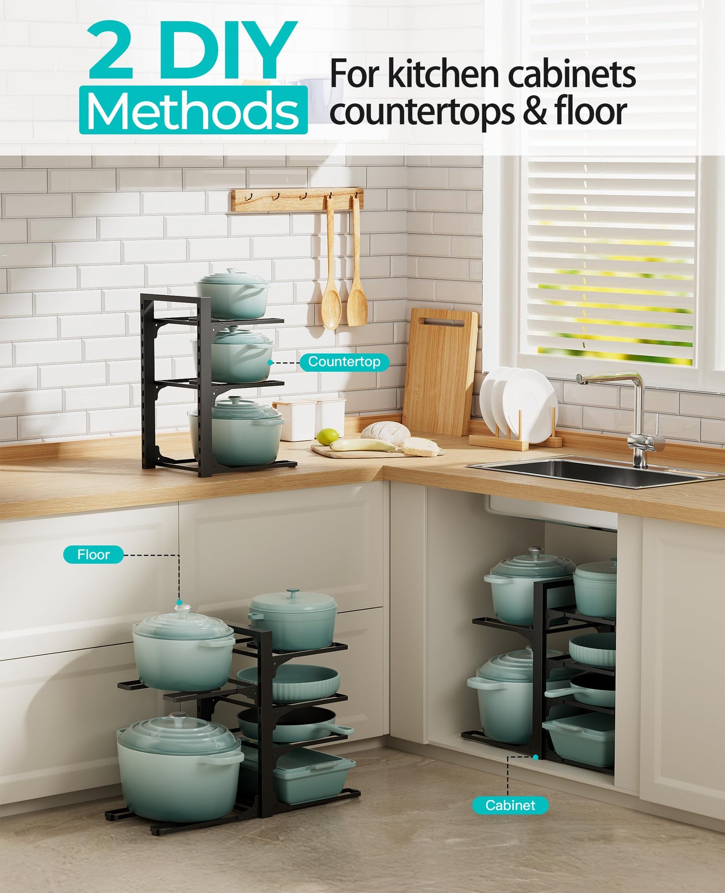 ORDORA Pots and Pans Organizer for Cabinet 16.61'' Height, 8 Tier Pot Organizers Rack with 3 DIY Methods, Adjustable Pan Organizer under Cabinet Kitchen Organization and Storage