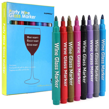 GAINWELL Metallic Wine Glass Markers 8Pcs, Food-Safe, Non-Toxic, Dishwasher-Safe, Wine Glass Marker Pens for Ceramic Plates, Parties & Weddings