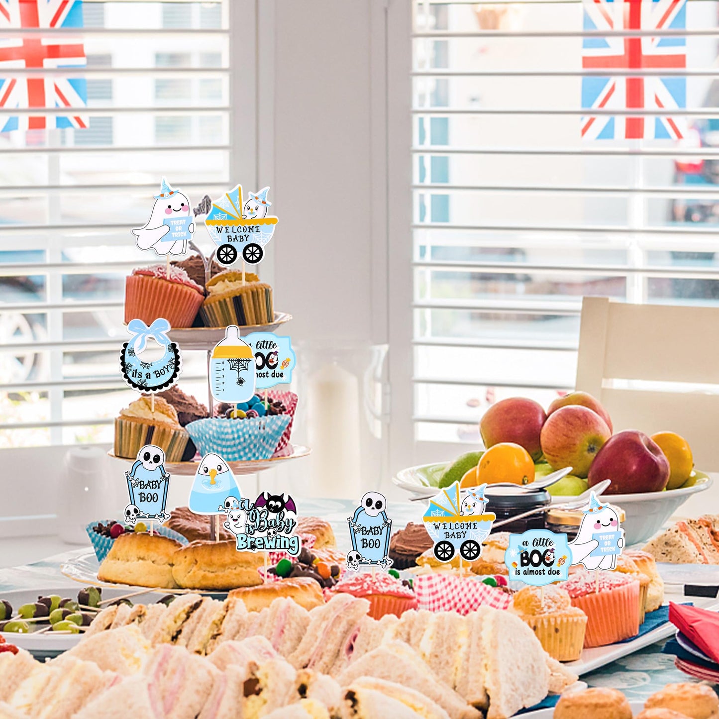 32 PCS Halloween Baby Shower Cupcake Toppers Ghost Bat Welcome Baby Boo Cupcake Picks Baby Carriage Bottle It's a Boy Cake Decorations for Halloween Theme Baby Shower Boys Birthday Party Supplies