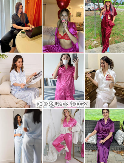 Ekouaer Silk Pajamas for Womens Set 2 Piece Satin Pjs Soft Button Down Sleepwear Wide Leg Long Pants with Pockets